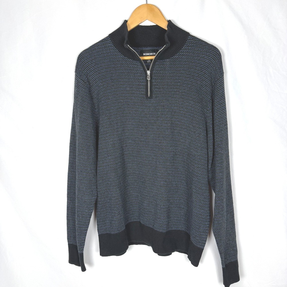 Bonobos Mens Black Blue Feeder Stripe Cotton Cashmere 1/4 Zip Sweater XL